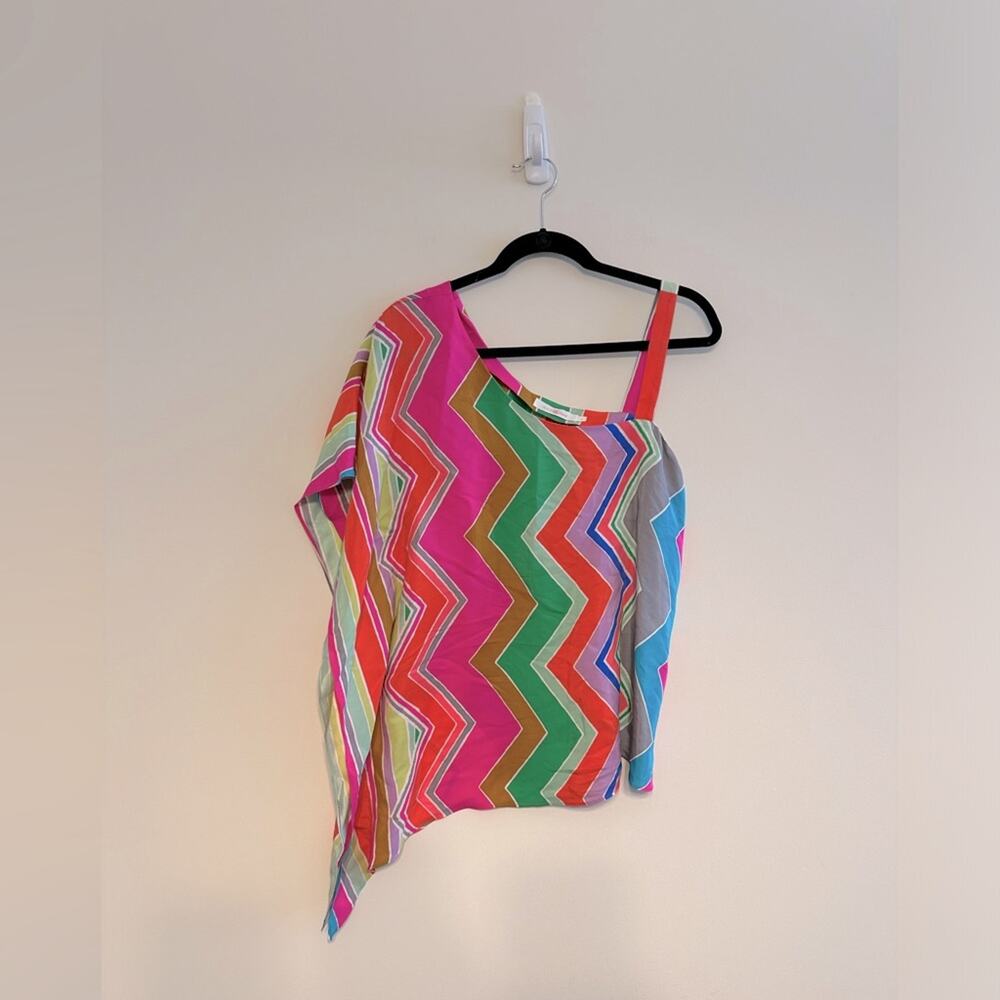 Alice & Trixie Blouse Women Medium Pink Excellent Silk One Shoulder Chevron Neon